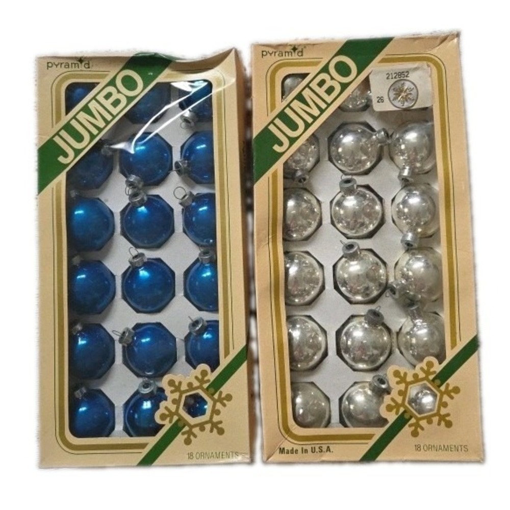2 Pkgs Pyramid Glass Christmas Ornaments Blue & Silver 18 of Each Vintage Decor